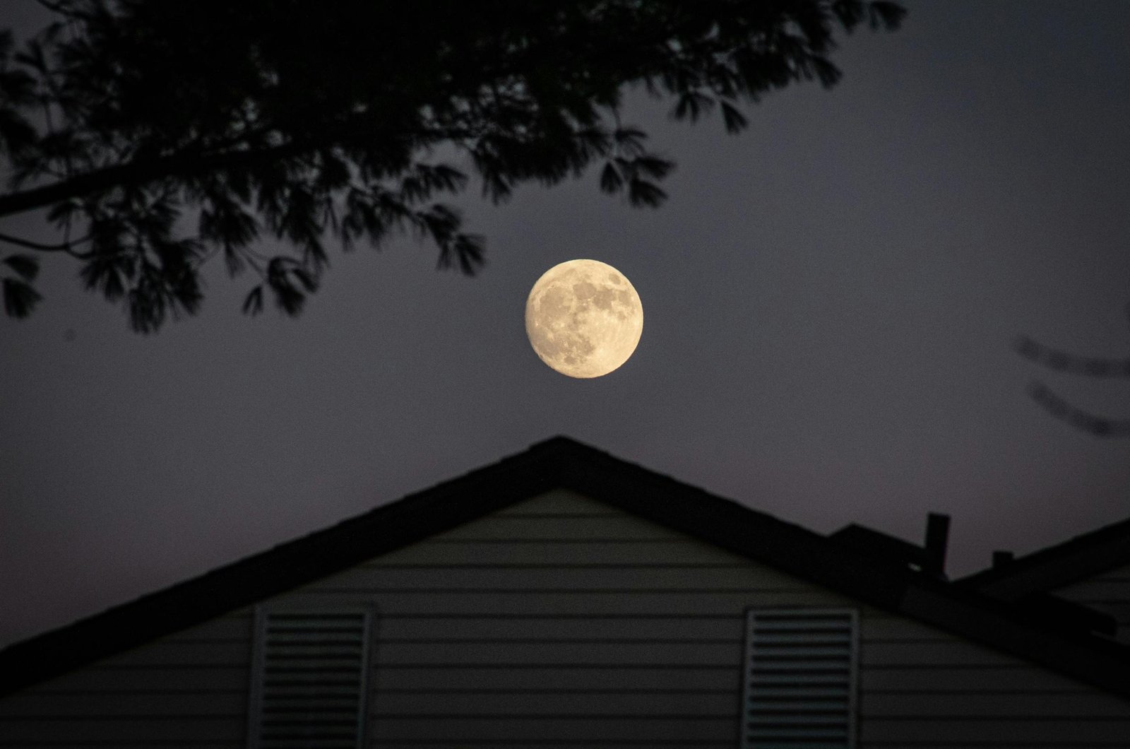 A full moon illuminating the night sky above a silhouetted house with trees.